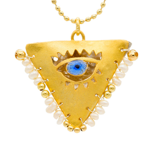 Gold-plated silver handcrafted necklace with assorted white and gold beads and blue evil eye pendant charm, Filakto lucky charm jewelry