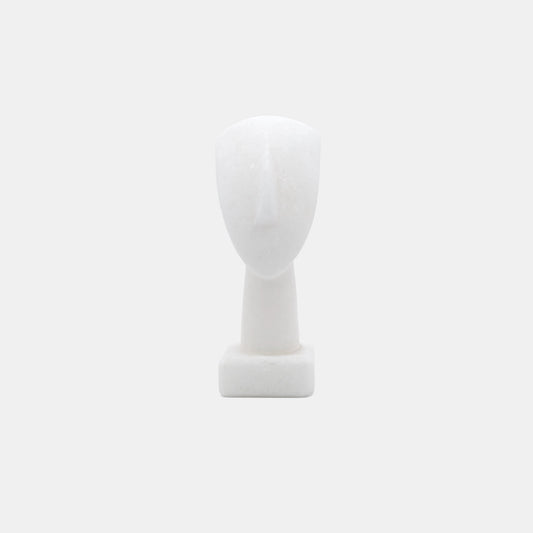 Head of a Figurine, Triangle Spedos, Naxos Marble, Cycladic Art - Minimalist white marble sculpture of a human head with triangular shaped face originating from Naxos, Greece, exemplifying ancient Cycladic art style.