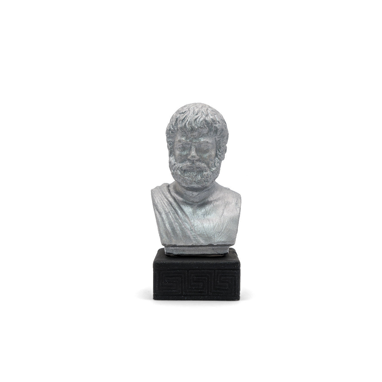 Handcrafted Greek statue of Aristotle in silver, finely sculpted figurine depicting ancient philosopher in traditional garb, unique decorative piece blending history and aesthetics