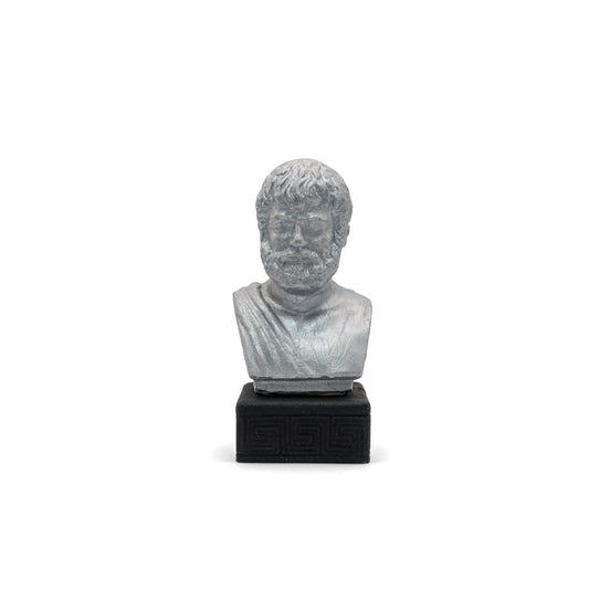 Handcrafted Greek statue of Aristotle in silver, finely sculpted figurine depicting ancient philosopher in traditional garb, unique decorative piece blending history and aesthetics
