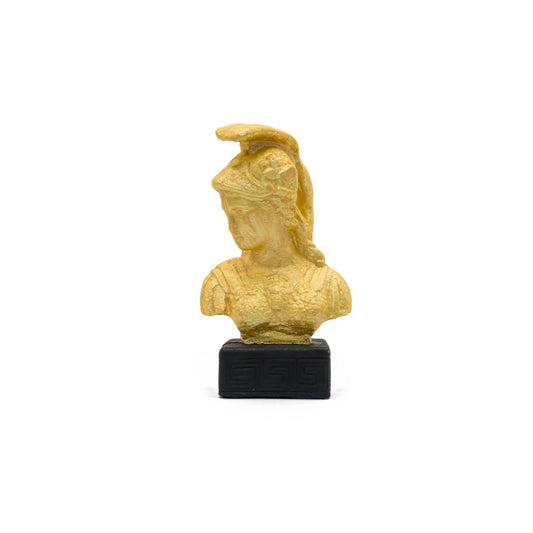 Intricate handcrafted gold Athena goddess figurine statue inspired by ancient Greek history and mythology depicting the iconic deity in battle armour.