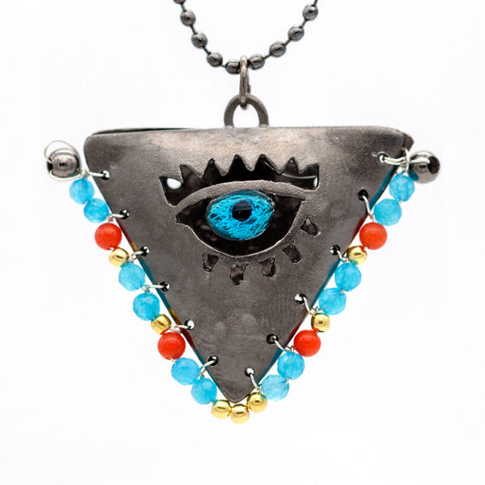 Tereza of Naxos Limited: Baby Blue, Coral & Gold on Black "Fylachto" Talisman, Lucky Charm, Pendant Jewellery 99 € Tereza's Greek Concept Store