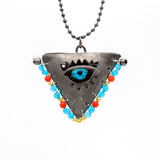 Limited: Baby Blue, Coral & Gold on Black "Fylachto" Talisman, Lucky Charm, Pendant