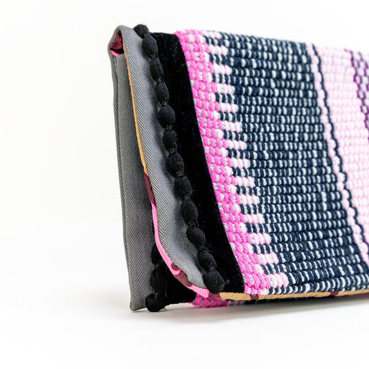 Boho Black Pompons Envelope Pouch in Pink – Handcrafted in Greece