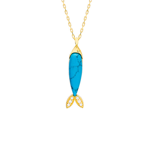 Turquoise Fish Design Zircon Stone Pendant – Gold-Plated Sterling Silver