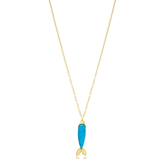 Turquoise Fish Design Zircon Stone Pendant – Gold-Plated Sterling Silver