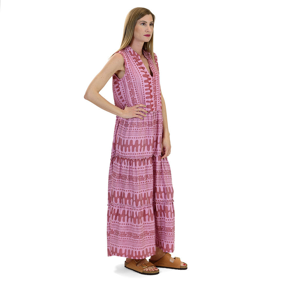 Boho Sleeveless Maxi Dress – Rose Pink & Pale Fuchsia