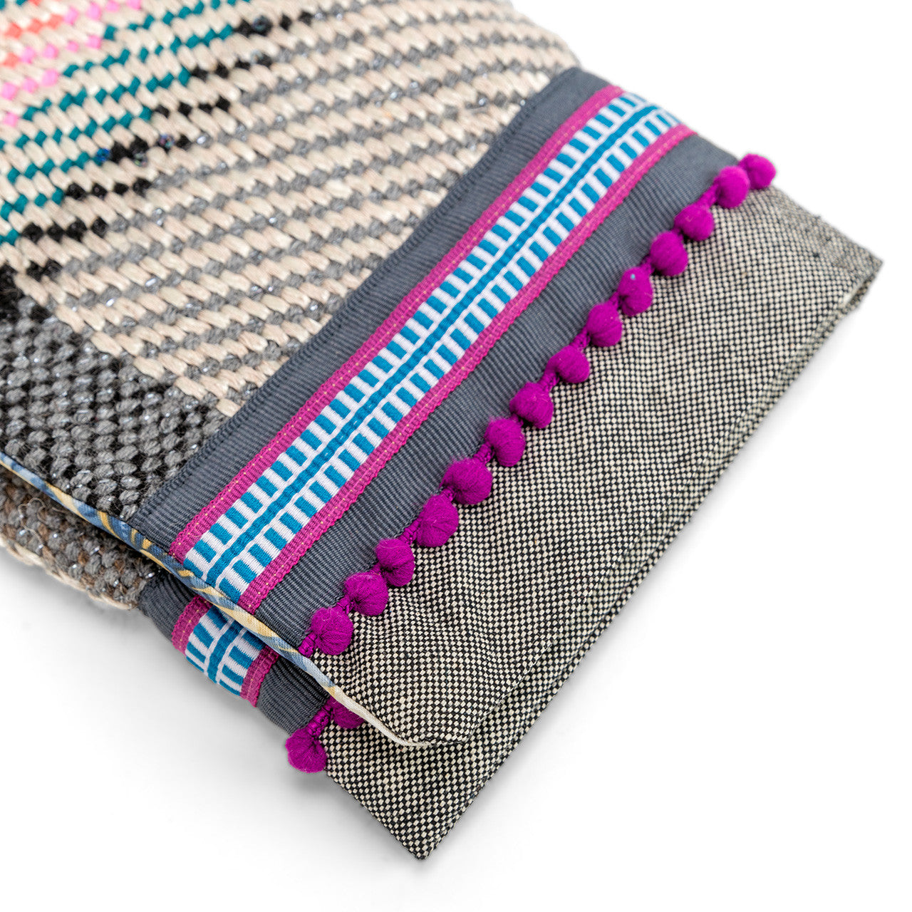 Gray & Purple Pompons Boho Envelope Pouch – Handcrafted in Greece