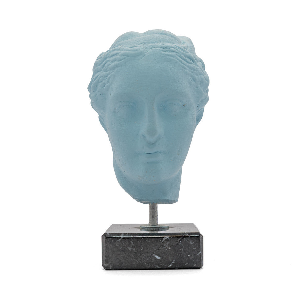Head of Goddess Hygeia figurine in light blue marble. Ancient Greek statue depicting Hygeia, goddess of health. Handcrafted artisan decor infused with history.