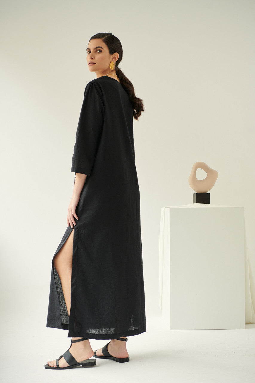 Lobelia, Linen Dress in Black, Embroidered