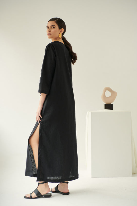 Lobelia, Linen Dress in Black, Embroidered