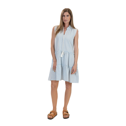 Spring has sprung and so will you in this gorgeous new dress from Tereza of Naxos. Its lightweight material and breezy blue and white stripes are perfect for those sunny day picnics!