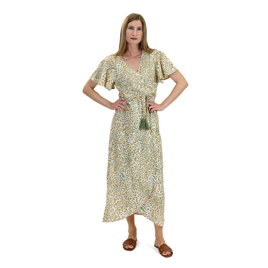 Maxi Wrap Dress – Peach & Olive Green with Bold Animal Print