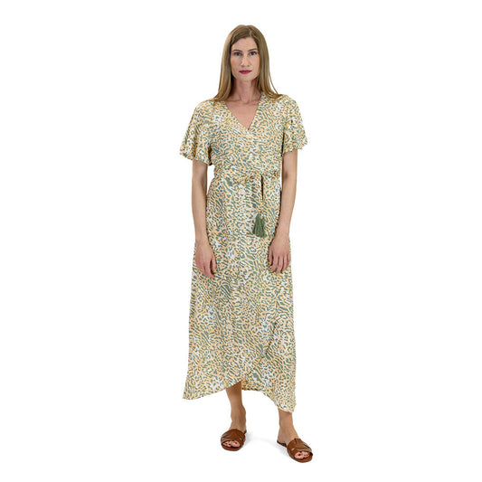 Maxi Wrap Dress – Peach & Olive Green with Bold Animal Print