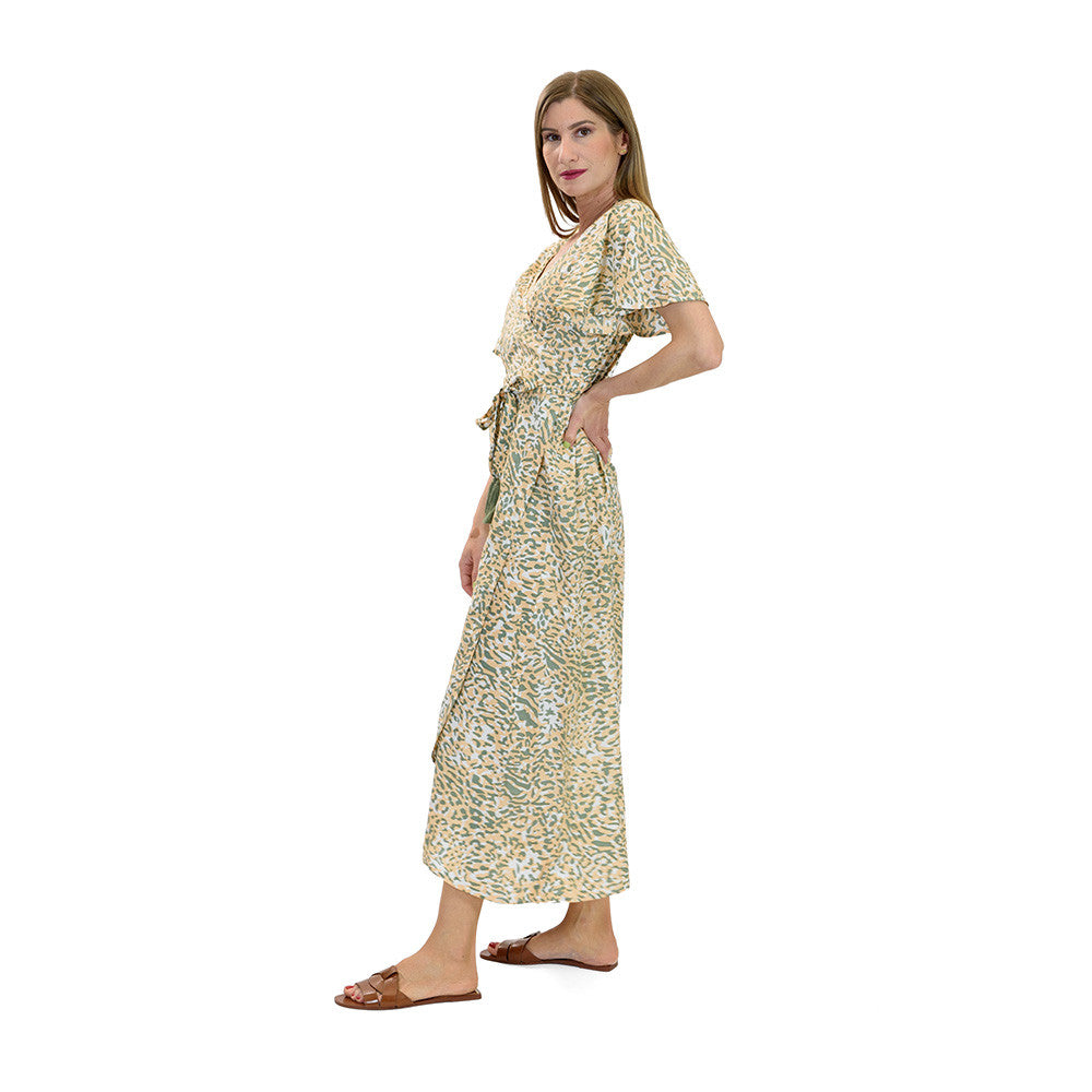 Maxi Wrap Dress – Peach & Olive Green with Bold Animal Print