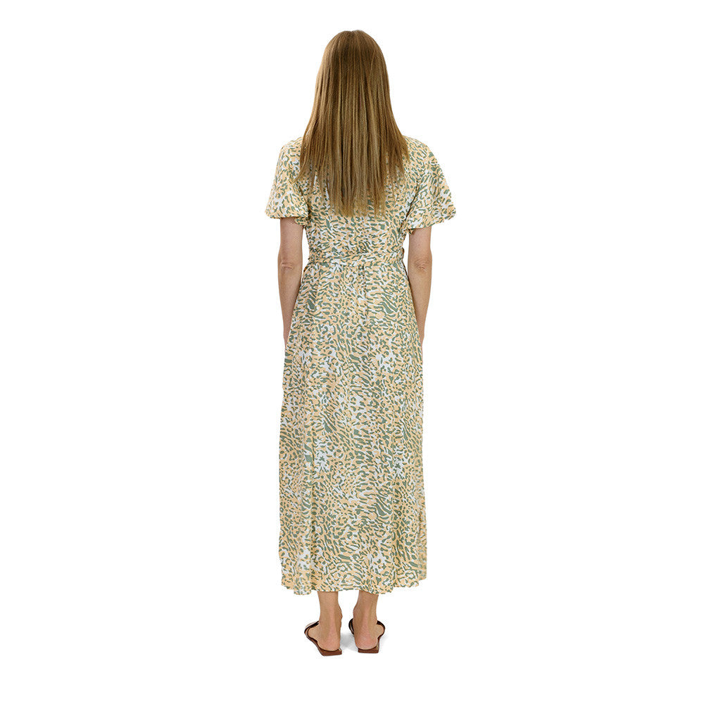 Maxi Wrap Dress – Peach & Olive Green with Bold Animal Print