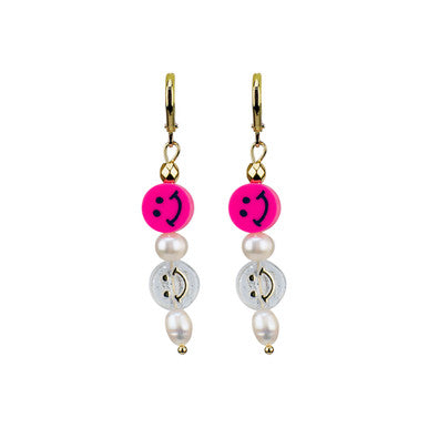 Pearly Double Smiley Hoop Earrings in Fuschia