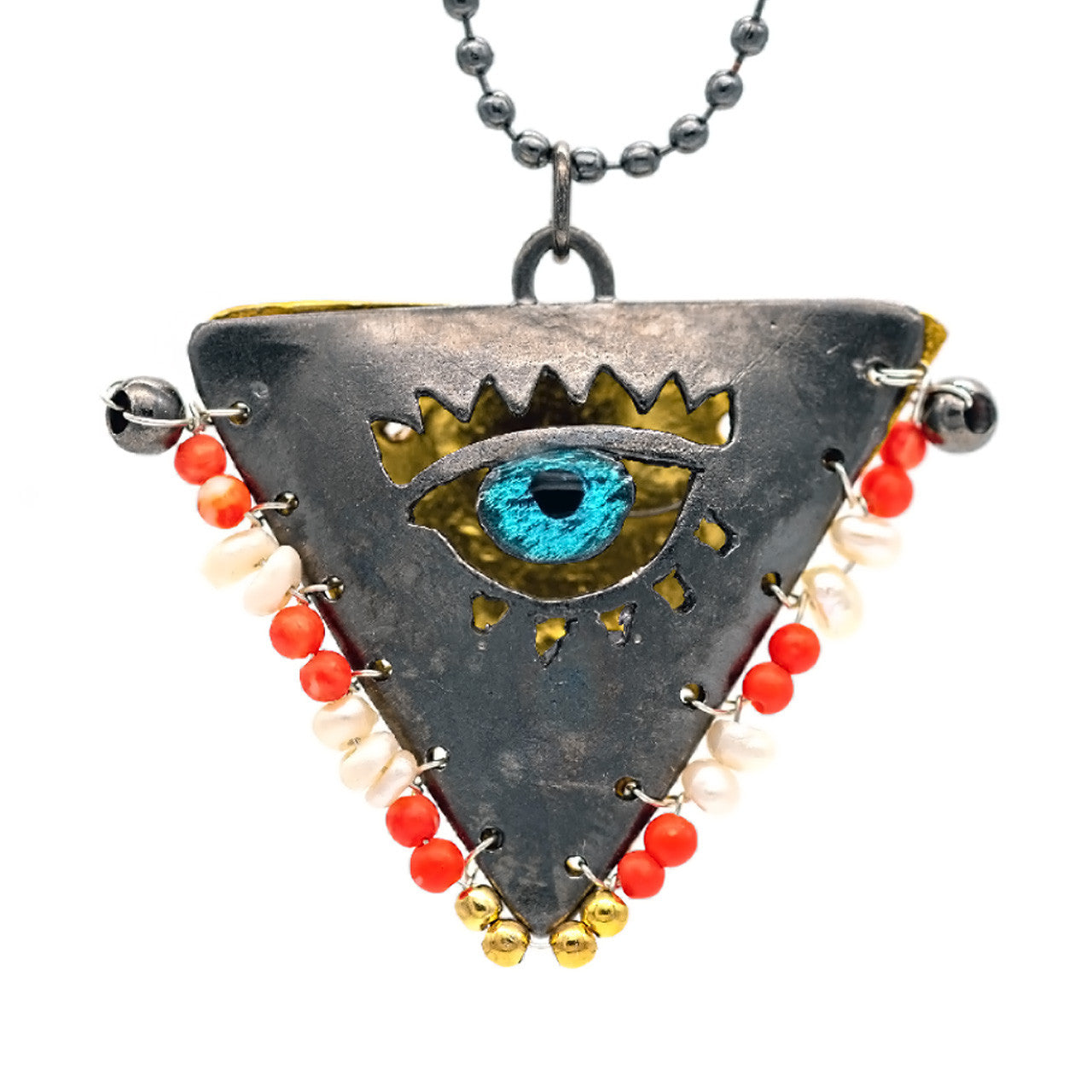 Handcrafted gold-plated silver pendant necklace with blue evil eye charm and white and red beads, inspired by the traditional Filakto lucky charm that symbolizes family bonds and protection.