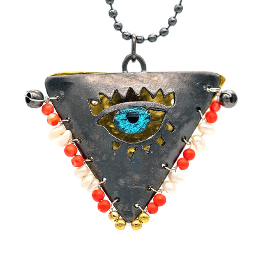 Handcrafted gold-plated silver pendant necklace with blue evil eye charm and white and red beads, inspired by the traditional Filakto lucky charm that symbolizes family bonds and protection.