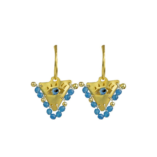 Handcrafted gold-plated silver hoop earrings with cobalt blue beads and blue evil eye charm pendant inspired by the Filakto family lucky charm tradition.