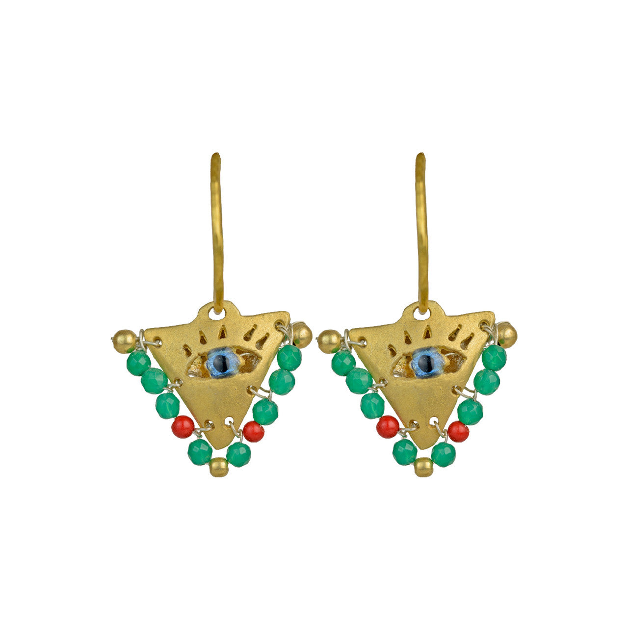 Hand-crafted Fylachto evil eye pendant earrings in gold-plated silver with red and emerald beads. Modern luxury jewelry inspired by a traditional grandmother's lucky charm for new babies.