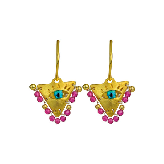 Handcrafted gold-plated silver hoop earrings featuring Amethyst Purple beads and a turquoise evil eye charm inspired by the Fylachto, a traditional triangular lucky charm.