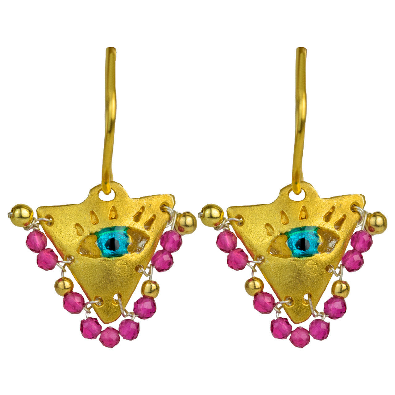 Handcrafted gold-plated silver hoop earrings featuring Amethyst Purple beads and a turquoise evil eye charm inspired by the Filakto, a traditional triangular lucky charm.