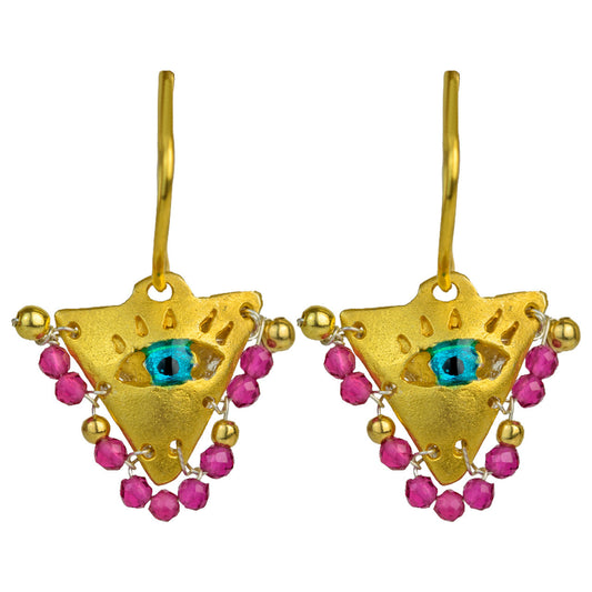 Handcrafted gold-plated silver hoop earrings featuring Amethyst Purple beads and a turquoise evil eye charm inspired by the Filakto, a traditional triangular lucky charm.