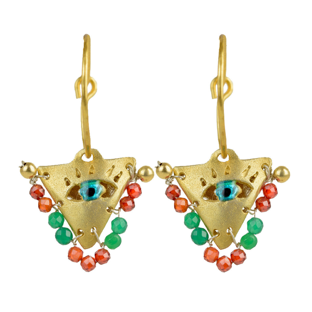 Gold-plated silver hoop earrings with emerald and orange beads with a turquoise Greek Evil Eye. Fylachto lucky charm representing family devotion. Handcrafted jewelry.