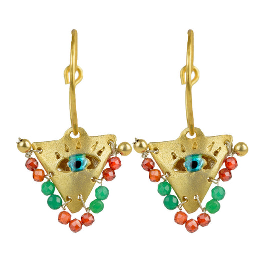 Gold-plated silver hoop earrings with emerald and orange beads with a turquoise Greek Evil Eye. Fylachto lucky charm representing family devotion. Handcrafted jewelry.