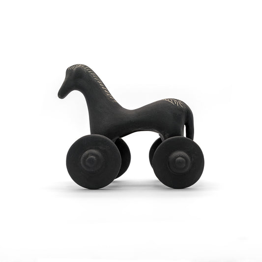 Black Trojan Horse statue handcrafted from clay with intricate detail, bringing ancient Greek history and strategic warfare into home decor.