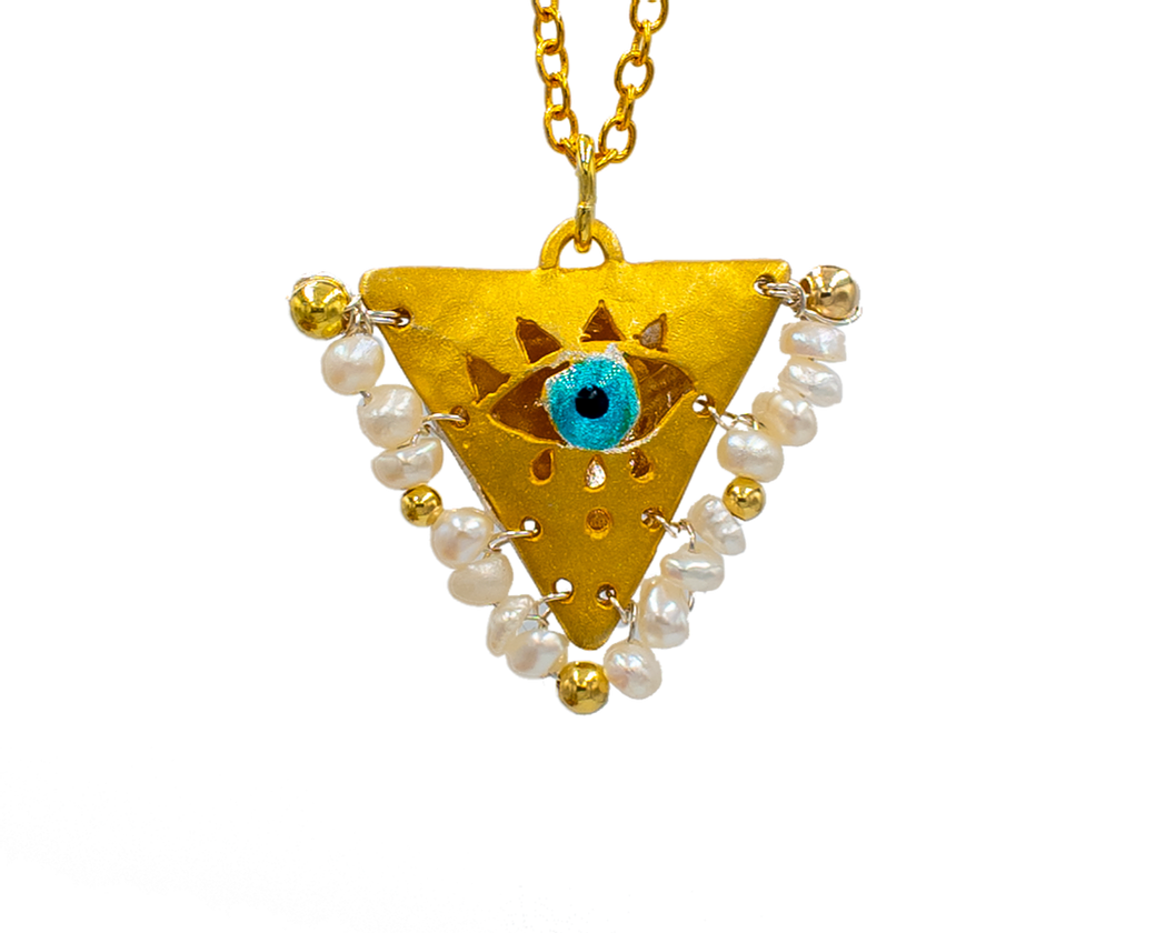 Gold-plated silver evil eye necklace with pearl beads, handcrafted Filakto lucky charm jewelry.