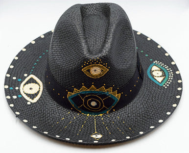 Glam Eye, Fedora, Hand-painted Hat in Black