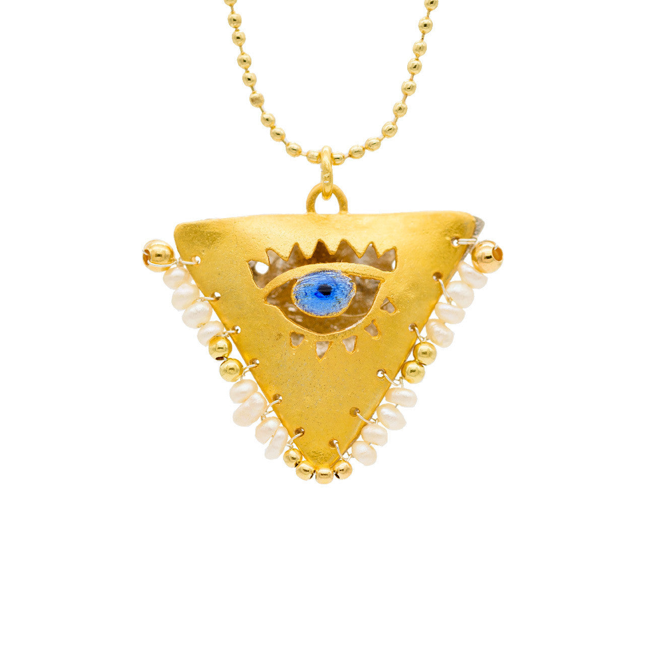 Close up of pearl white & gold “filakto” talisman necklace