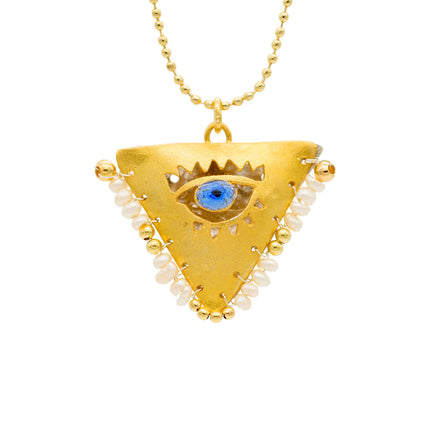 Close up of pearl white & gold “filakto” talisman necklace