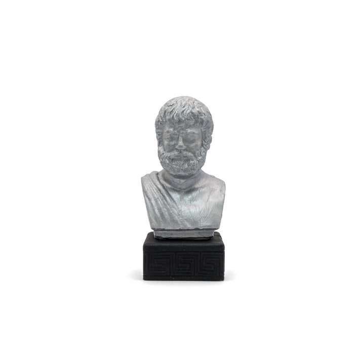 Handcrafted Greek statue of Aristotle in silver, finely sculpted figurine depicting ancient philosopher in traditional gar...
