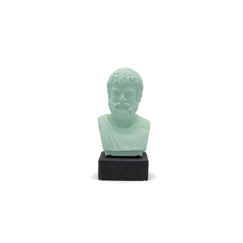 Handcrafted Greek statue of Aristotle in muted mint green, finely sculpted figurine depicting ancient philosopher in tradi...