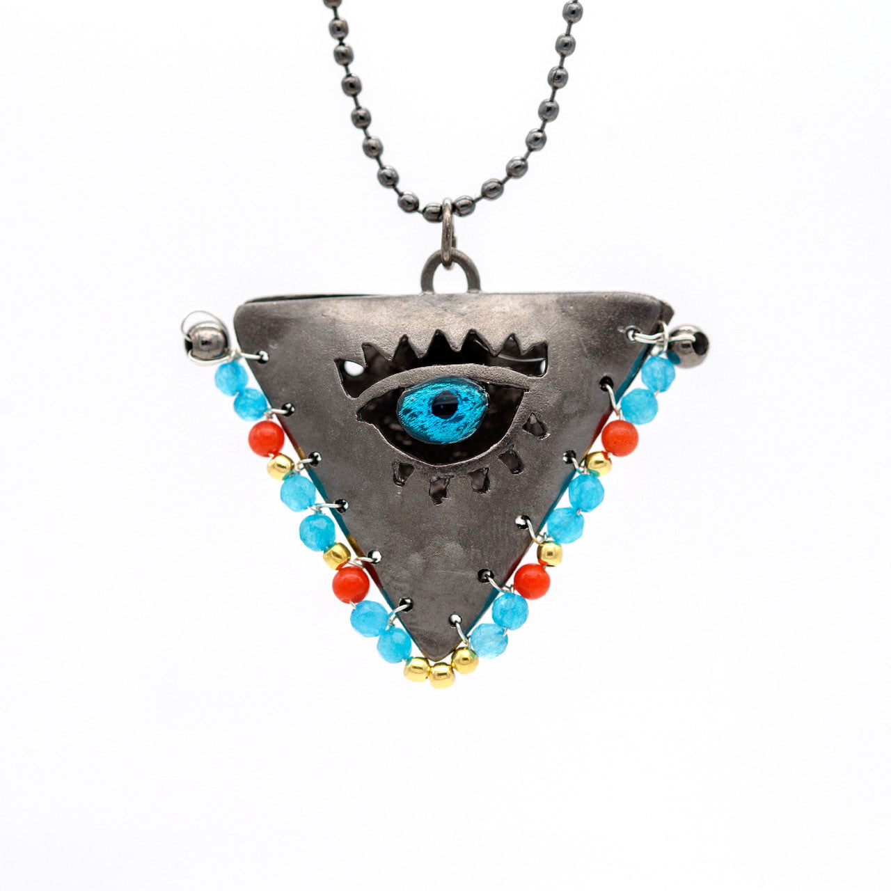 Limited: Baby Blue, Coral & Gold on Black "Fylachto" Talisman, Lucky Charm, Pendant