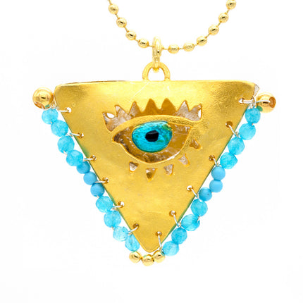 Handcrafted Filakto necklace with blue eye charm and semi-precious baby blue beads, inspired by traditional lucky charm.