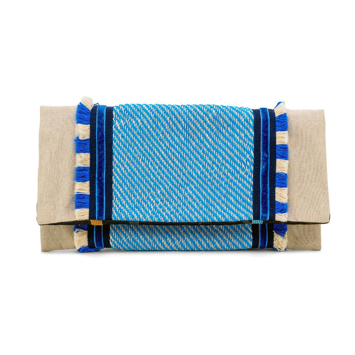 Beige and Cycladic Blue Tassels Pouch Handcrafted Envelope