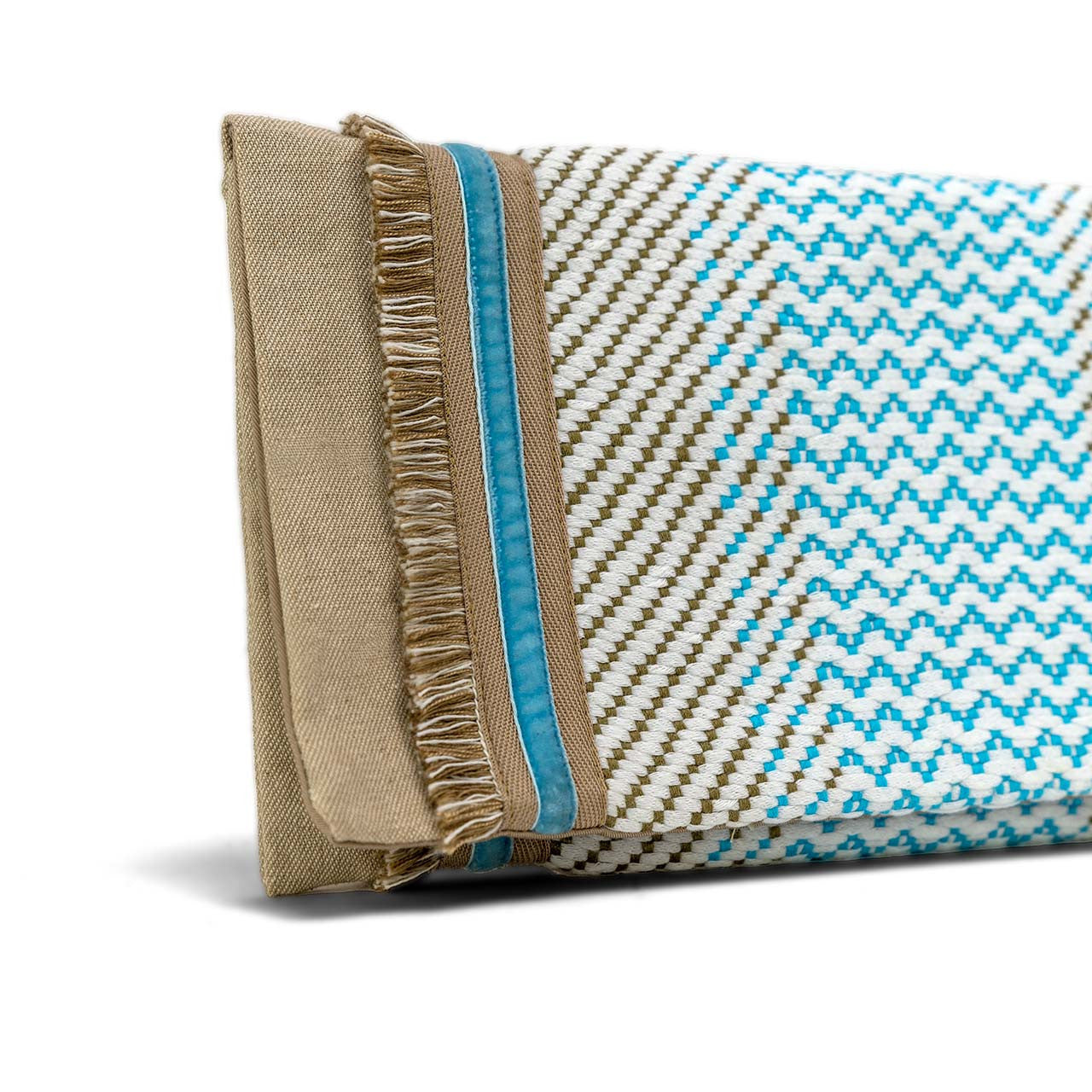 Close up of beige tassels & light blue handcrafted envelope pouch