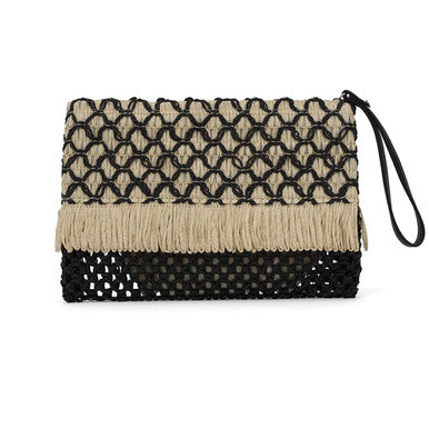 Close up of boho natural straw pouch in black and beige