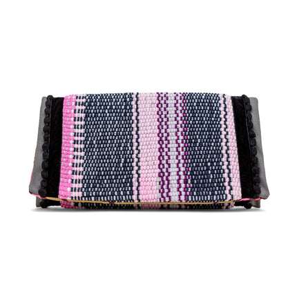 Cotton pouch envelope made by hand on the loom in black and pink with pompons.