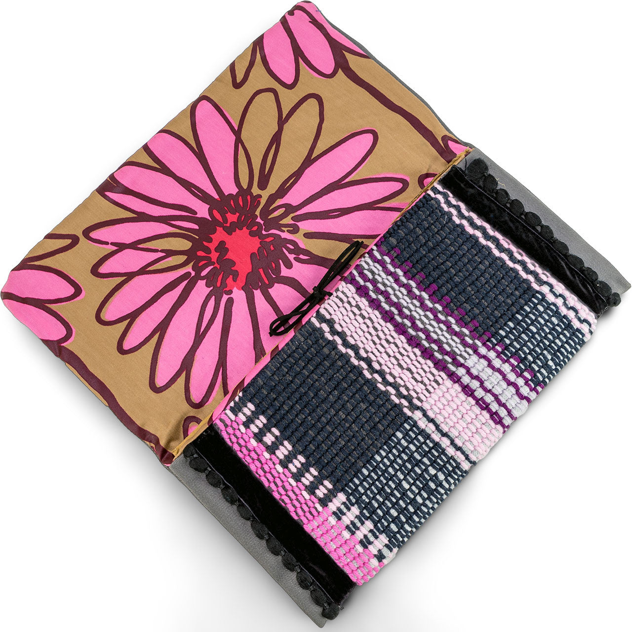 Boho Black Pompons Envelope Pouch in Pink detail view