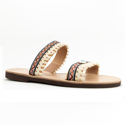 Ethnic Evil Eye in Orange, Handmade Leather Sandals