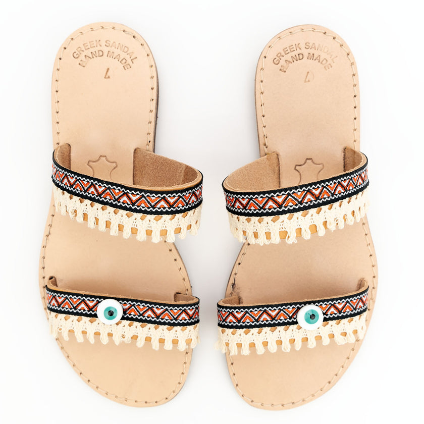 Ethnic Evil Eye in Orange, Handmade Leather Sandals detail view