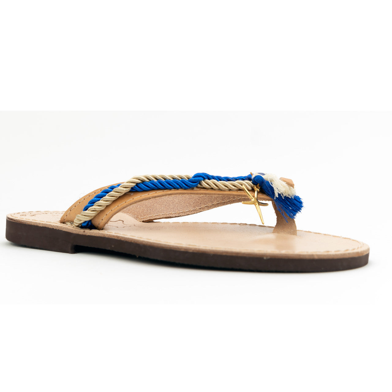 Close up of starfish, handmade leather sandals, with nautical rope