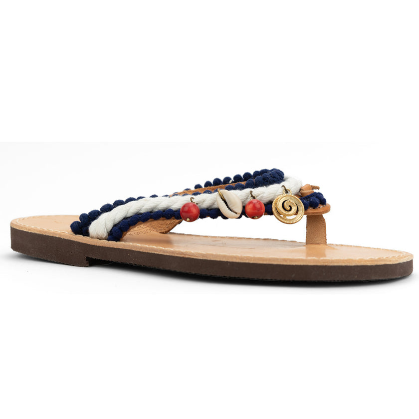 Close up of spiral, handmade leather sandals, with nautical rope
