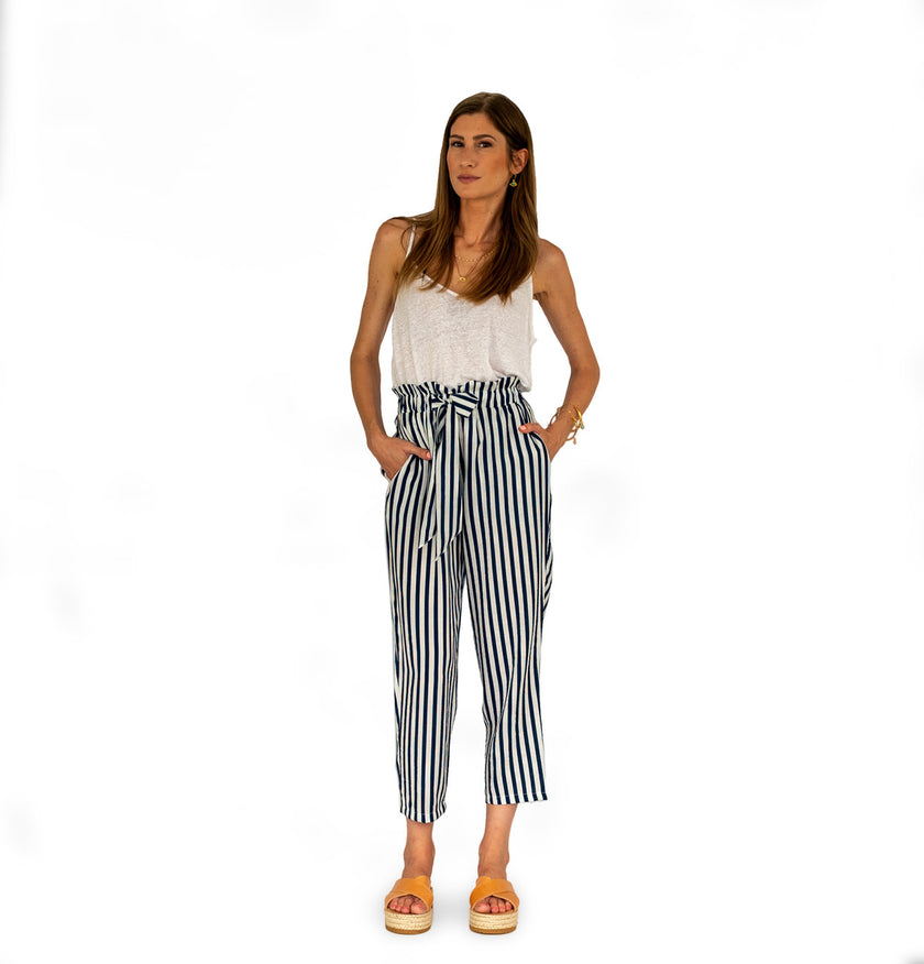 Striped, Cropped Trousers in Navy Blue & White