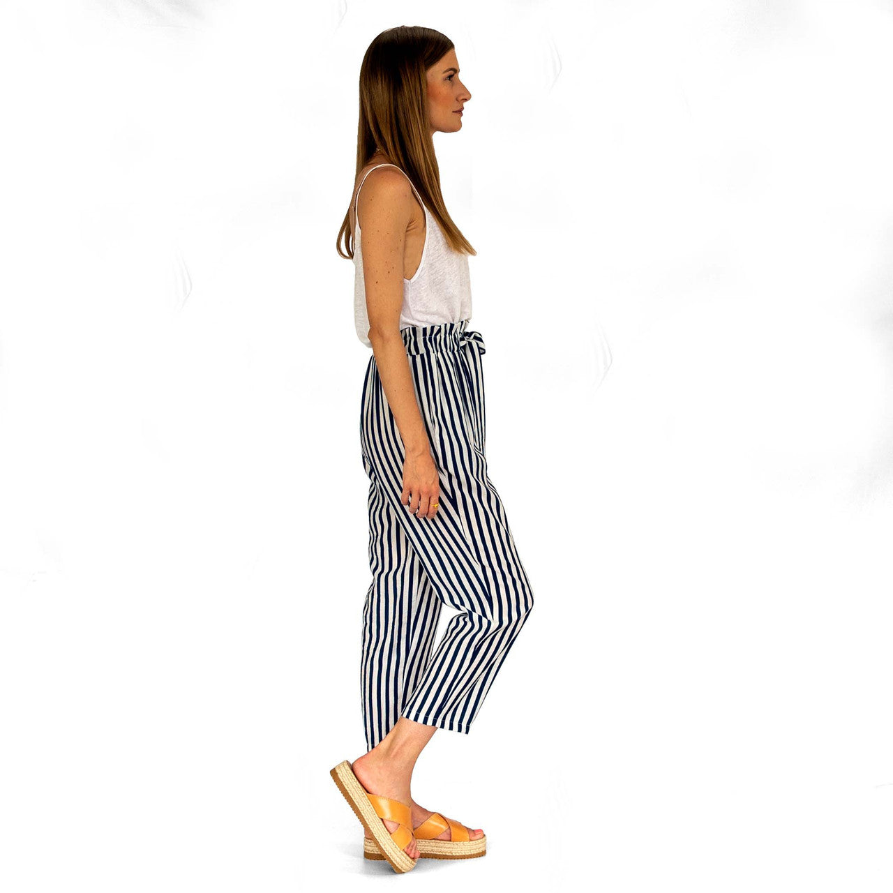 Striped, Cropped Trousers in Navy Blue & White detail view